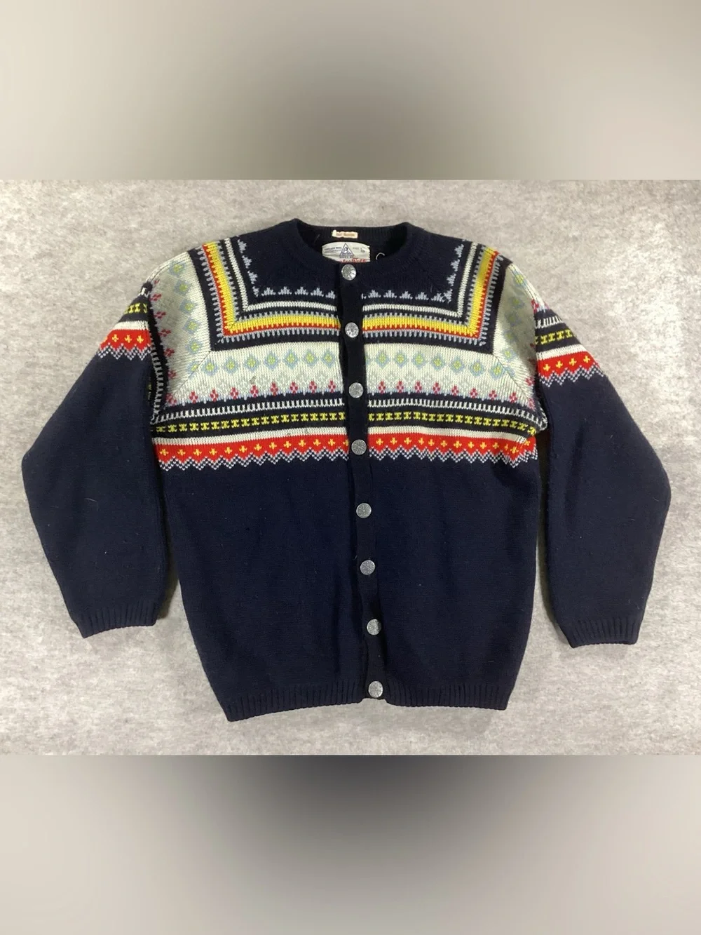 Vintage Charles Wolf Fair Isle Button Wool Cardigan Sweater - blue w/ stripes
